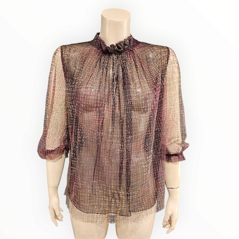 AMELIA TORO Sheer Abstract Pink Green Gathered Blouse S/M